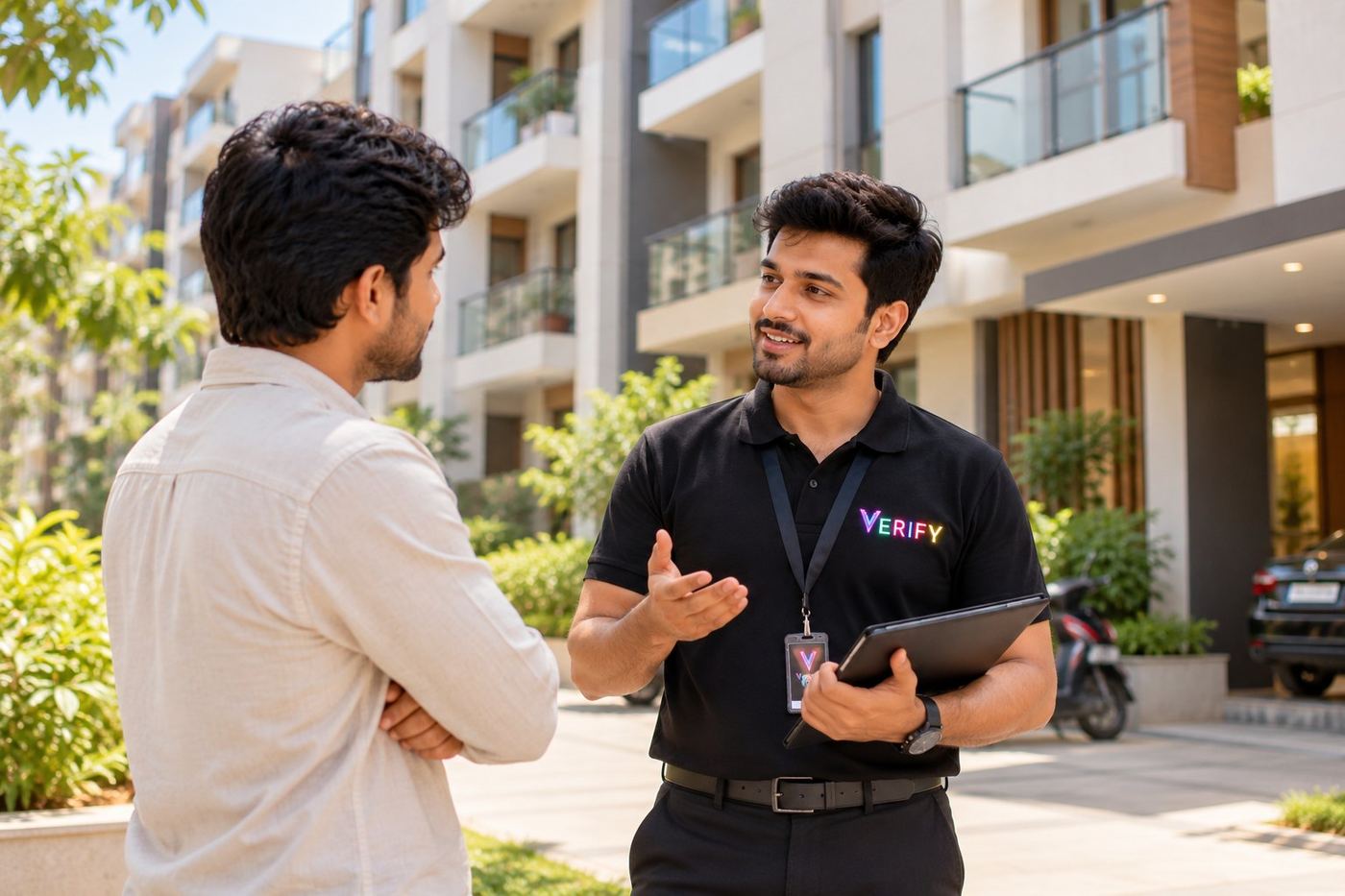 Verify team member speaking with a customer outside a residential building